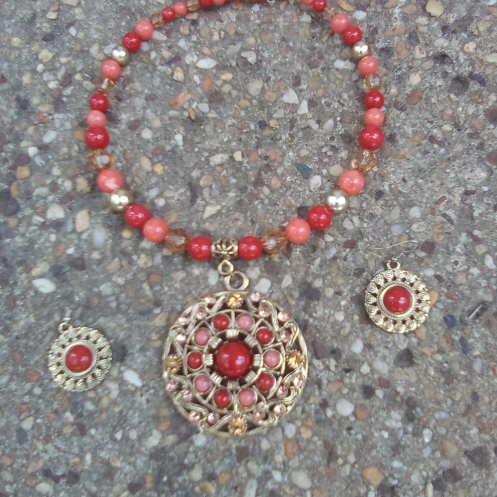 Large Orange ,Coral and Gold Medallion Choker Drop Earrings Set